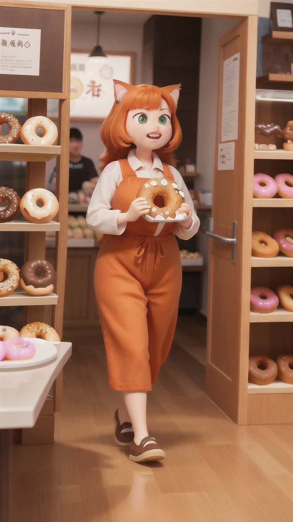 「A big ginger cat drools as he walks into a donut shop。The store is filled with a sweet aroma。」

A big ginger cat pushes through the door of a donut shop。The cat is drooling、You can feel the sweet aroma wafting from inside the store.。Fresh donuts lined up on the counter。