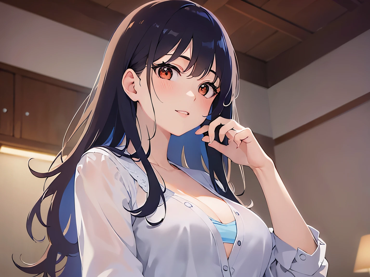 (Hand up:1.5), Biologically correct five fingers、cinematic angle, looking up, Realistic, real person, (pale skin: 1.2), upper body, RAW photo, photorealistic, shiny skin, shiny hair、(A 35-year-old woman with medium-length hair and bangs) and (wavy hair) and (brown hair) and (Orange Eyes) , (white:1.5) and (blouse) 、Cleavage、(blush:1.5), smile, The background is the living room at night、illumination、Alone、Are standing
