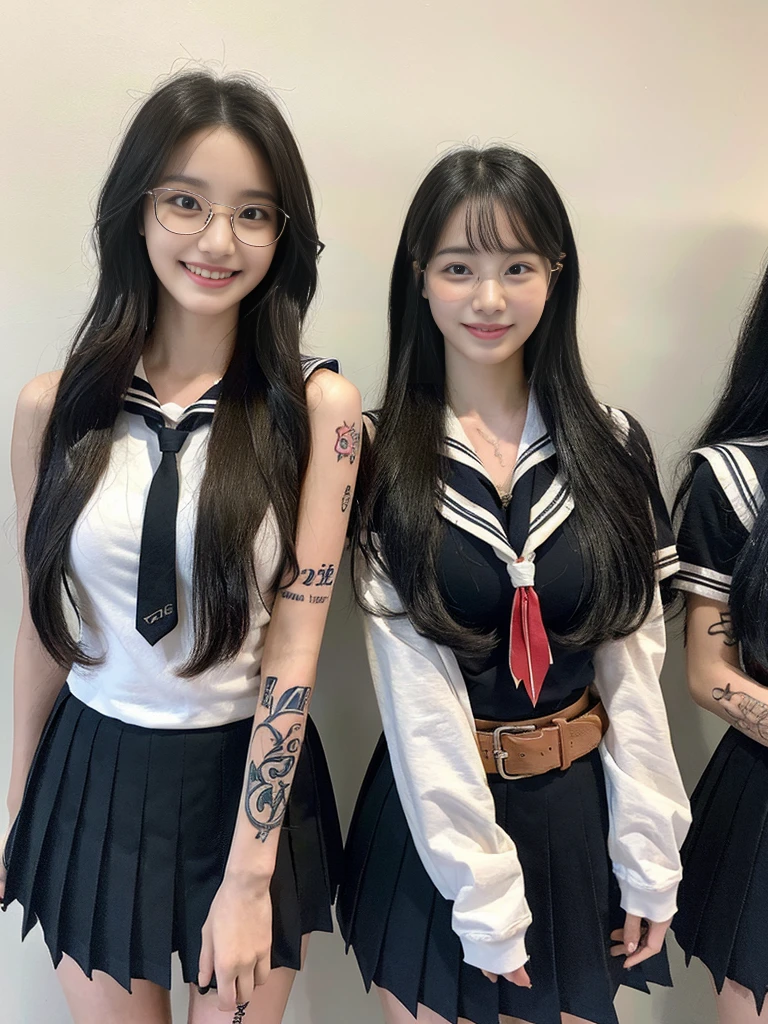 (A super cute Korean high school girl duo wearing Korean-style glasses takes a photo 1.2)(grin,Smile)(Beautiful Sweat:1.1)(16K, RAW Photos, Highest quality, masterpiece: 1.2),(Shiny black hair) Super detailed, Super Resolution, (Genuine, Genuine photos: 1.37), Portraiture, High-resolution RAW color photos, Professional photos, Very detailed, 8k wallpaper, Very detailed CG Unity 8k wallpaper, Very detailed beautiful girls, Very detailed faces, ((whole body)), beautiful woman, Huge breasts,(huge boobs:1.1) (Big Boobs:1.1), Beauty college student (A tight, girly sailor-style summer school uniform with ribbons),high School girl, Korean Girls,(K-POP Female Idols), (Idol-class beauty)(Beautiful high school girl:1.1)(School)(18-year-old)(Stylish school uniform-style outfit:1.1)(Group photo:1.2)(Tattoo,Tattoo:1.4)