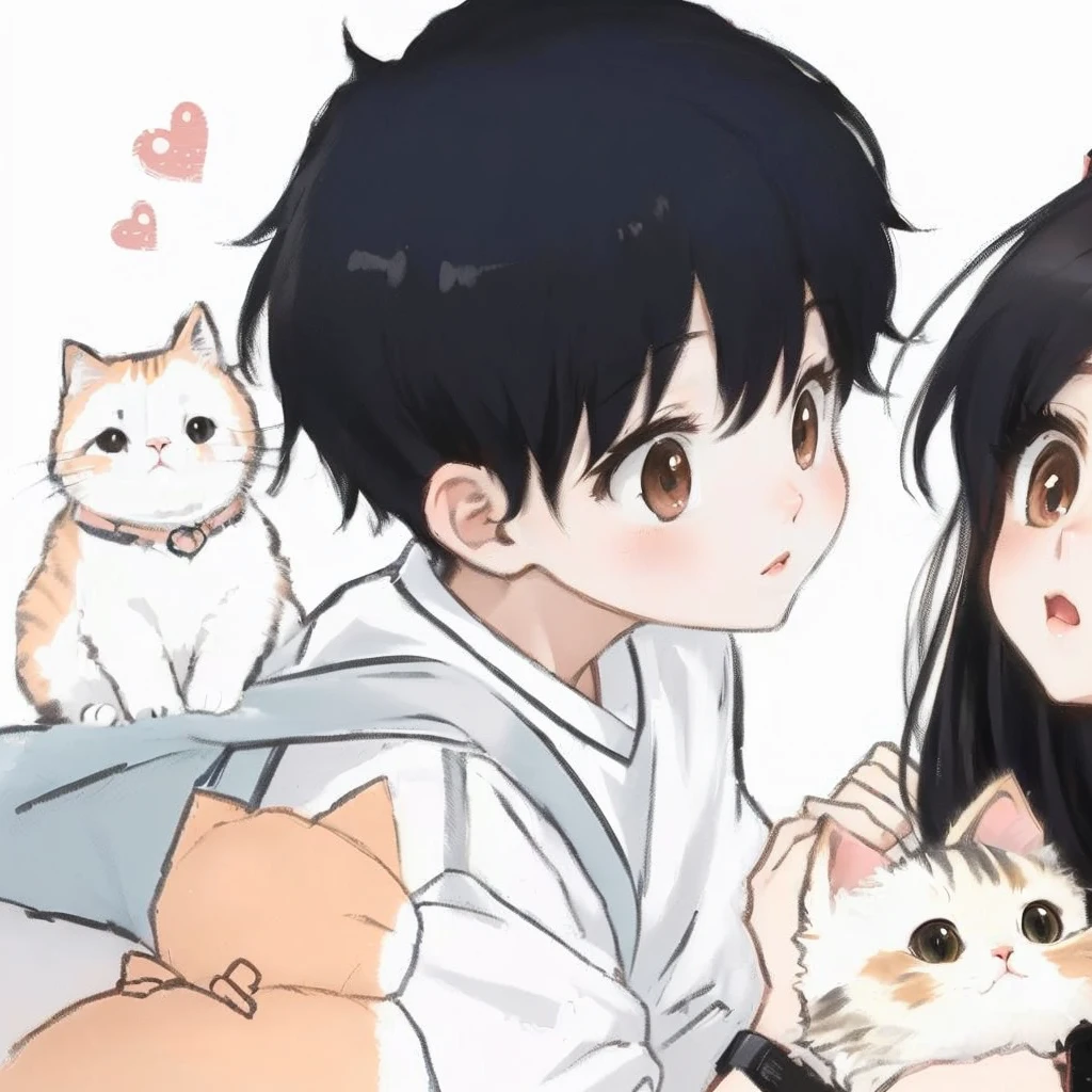 Cartoon couple lying in bed with cat and kitten,There is a love heart on the head, Anime style, Anime cat, Animated visual of cute cats, Cute anime, Cute anime style, Anime style, cute Anime catgirl, Anime Lovers, Kawaii anime comic style, Anime art style, 日本Anime style, Anime catgirl, Anime art style, Anime girl with cat ears