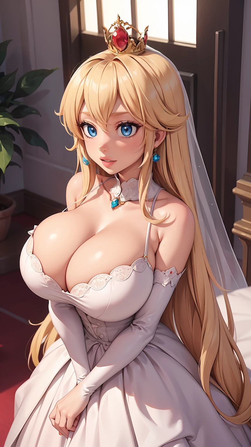 ((masterpiece)), ((best quality)), (detailed), perfect, solo, peach, gorgeous woman with wedding dress, bridal veil on the head, luscious lips, long hair, huge breast, deep cleavage, huge breasts, sexy,