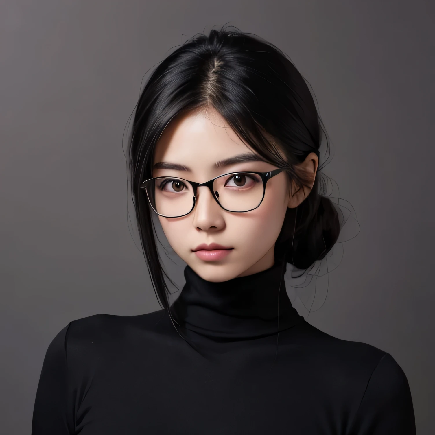 an Asian girl, black turtleneck, glasses, black hair, perfect, facing forward, masterpiece, no background, without poses