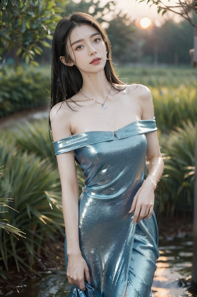 (((best quality))),(((ultra detailed))),(((masterpiece))),illustration,((1 beautiful girl,solo)),((slim,thin,flat chest)),(shoulder length straight bob hair:1.2),flowing hair,fair skin,(shiny skin:1.3),sparkling eyes,laughing,(blue dress:1.3),delicate necklace,grass,dewdropletts,trees,bird chirping,serenity,gratitude,awe,wonders of nature,peace,contentment,magnificent world,summer,(pitch-dark dawn:1.5),(night scene:1.3),upper body,from front,after rain,(wet:1.3),standing,on the path,confident gaze,elegant posture,mysterious atmosphere,solemn mood,dawn approaching,detailed decorations,(sunrise:1.3),rainbow,(Rural Landscape:1.2)