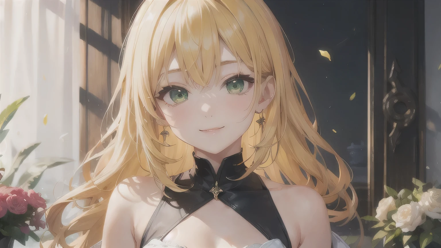 Yellow Hair、Wavy Hair、One Girl,20-year-old,Beautiful Face,Upper Body、Sharp focus,One-piece dress、A kind smile、Green Eyes、White clothes、Floral decoration