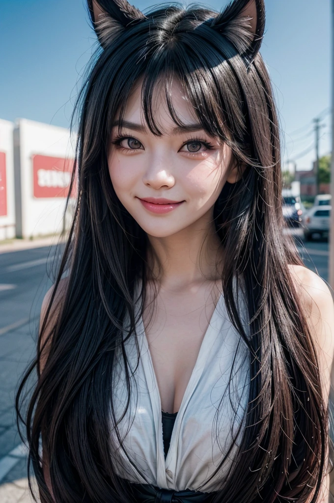 black hair, hair bobbles, wince, longeyelashes, solid circle eyes, fake animal ears, light smile, ear blush, fang, ccurate, Surrealism, drop shadow, anaglyph, stereogram, tachi-e, pov, atmospheric perspective, 8k, super detail, best quality