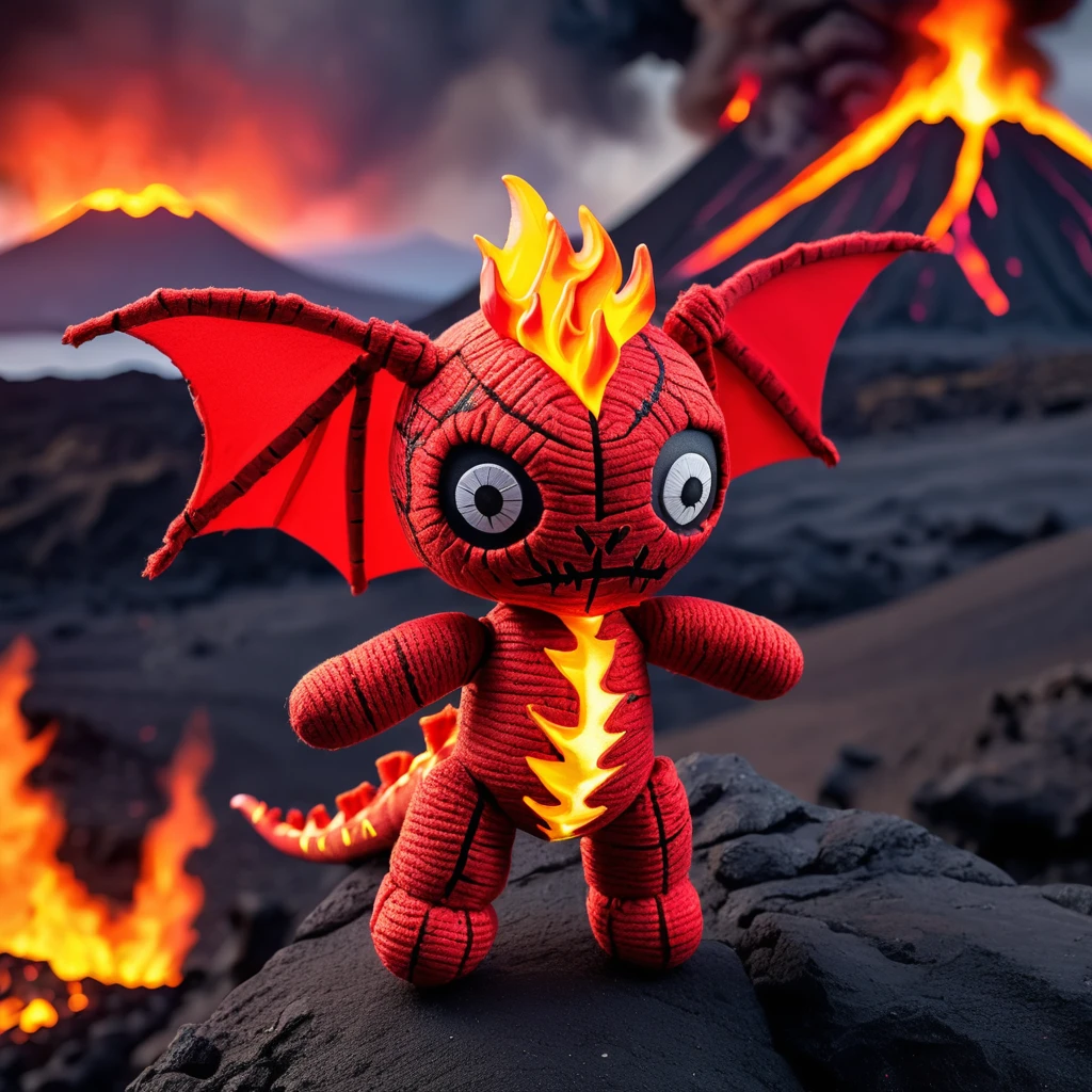 (knitted toy voodoo doll: 1.6), (Voodoo Flame Dragon: 1.3), (clothes costume with dragon scales and fire patterns: 1.0), (in the background a volcanic landscape with lava and ash: 1.3), best quality, masterpiece, detailed soft oil painting, detailed background, dramatic cinematic lighting, soft edge lighting, professional, dramatic lighting, hard edge lighting, ultra quality, 4k, masterpiece, best quality, 8k, ultra high definition, high resolution, extremely detailed