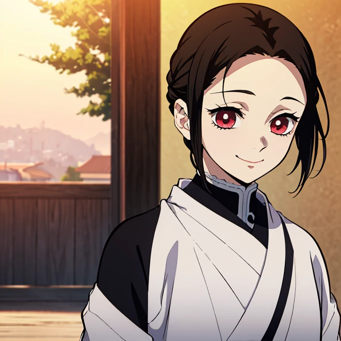 Kimetsu no yaiba style best quality 0.8,beautiful Dark hair. short hair (short above the shoulders) . Young woman with detailed red eyes (red eyes) dull and sad detailed. droopy eyes. warm face, his face has dirt, foreground. katana. smile,happy. (Alone) (in a training camp) (wooden katana) (sunny day) smiling kindly. foreground (detailed face) (Women) (famale) greeting someone with a smile