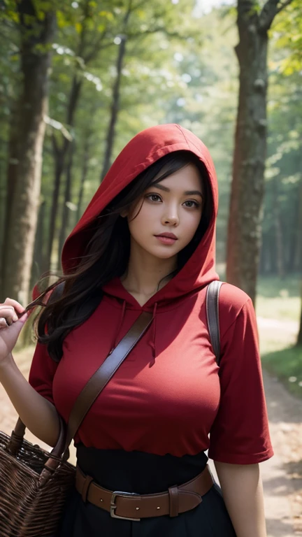 red capturista, carrying a basket on his arm, with a red hood, Perfect face, perfect body, Ultra details on beautiful face, Hair to the wind, ultra details, 8k, closeup on her big round breasts, in the background a forest