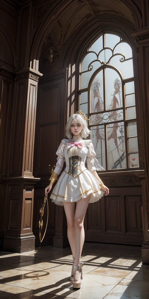 portrait, long hair, white hair, golden eyes, 1girl, head, face, magical girl, absurdres, masterpiece, best quality, magical girl costume, ((mahou shoujo)), short hair, desolation, ruins, dynamic pose, apocalypse, spellcasting, Style-Glass, full body shot