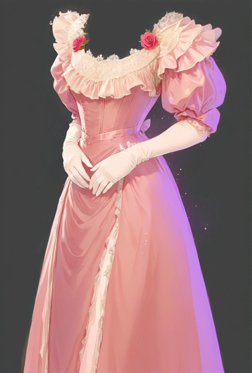 beautiful illustration, ultra-detailed, masterpiece, pink dress, white long gloves, victorian era, victorian dress, glitter, roses, lace, beautiful dress, anime style