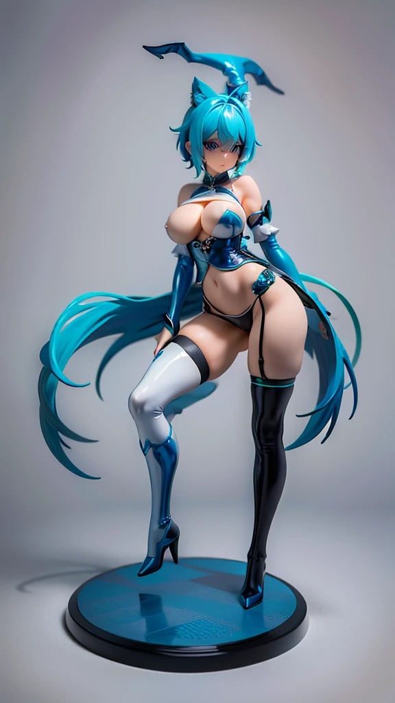 medium breast, Short blue hair. She has blue slanted eyes. Straight hair to the shoulder wearing a large witch hat. Wearing aqua blue laytex outfit with knee high heel, dark castle interior background, kung fu stance