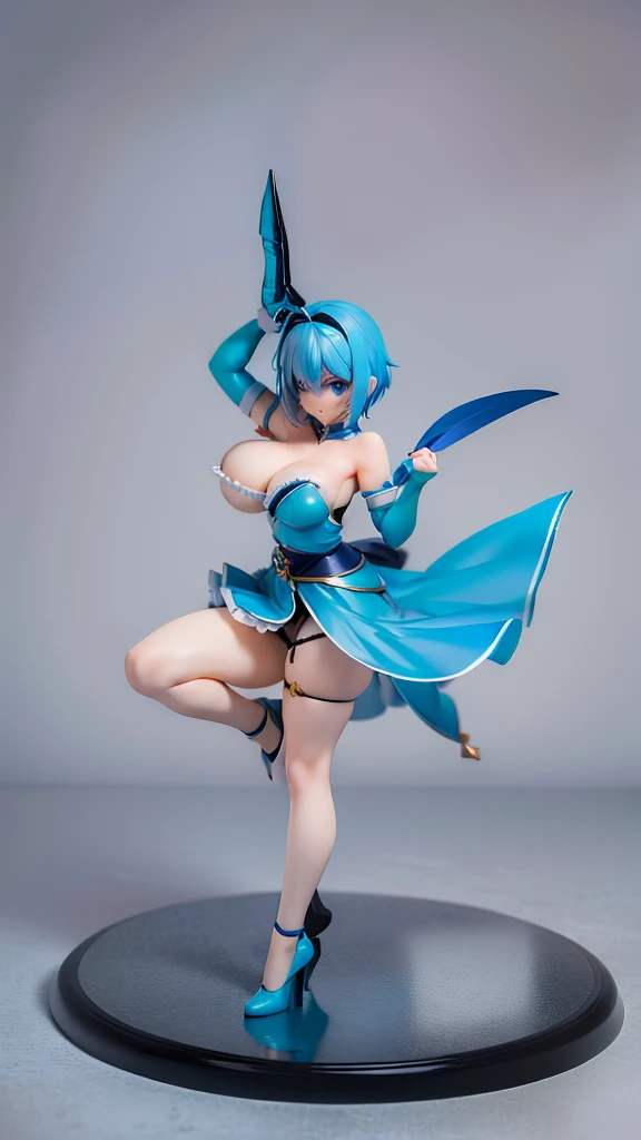 medium breast, Short blue hair. She has blue slanted eyes. Straight hair to the shoulder wearing a large witch hat. Wearing aqua blue laytex outfit with knee high heel, dark castle interior background, kung fu stance