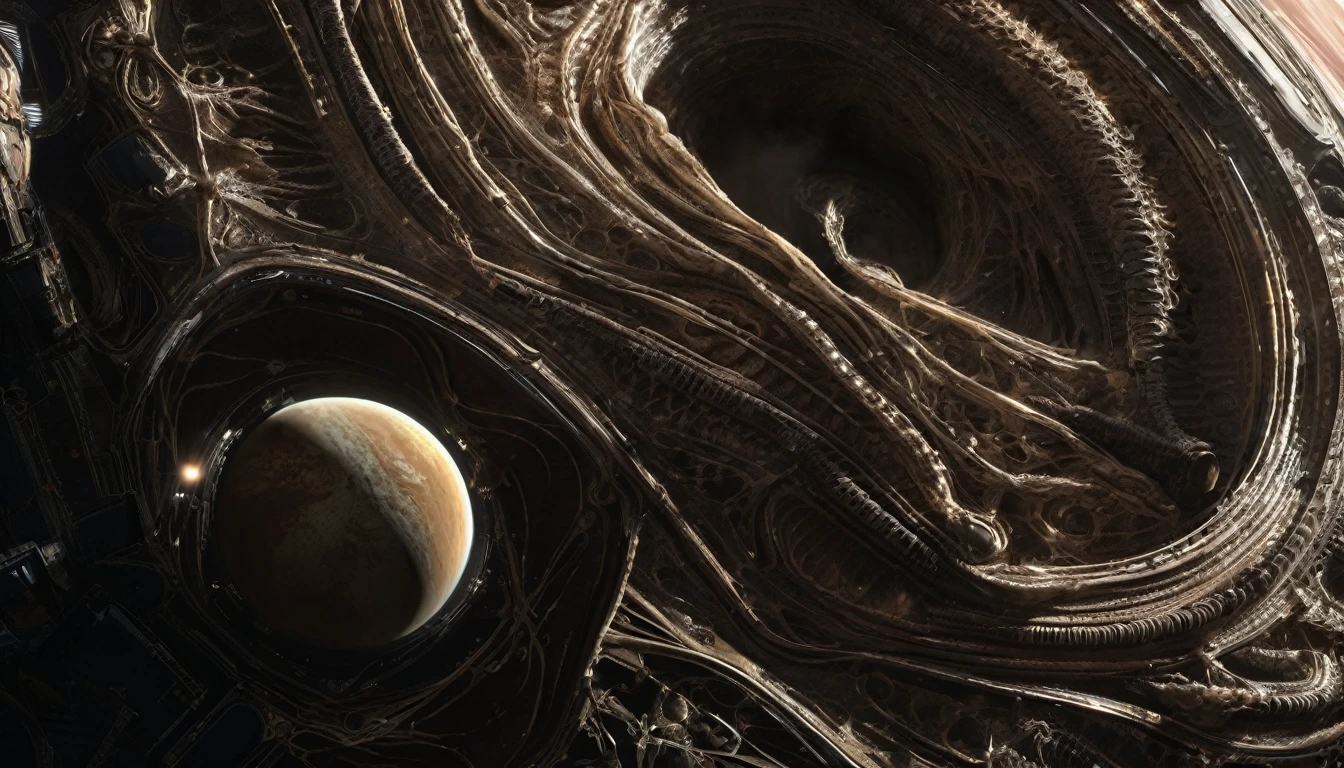 H. R. gieger planet, intricate gieger detail, movie still, nasa footage, planet with gieger detail, ridley scott film, film footage, planet with unusual surface, xenomorph planet, celestial body, anatomy, ribs