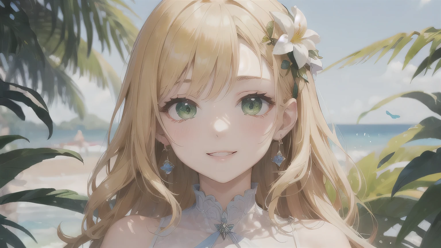 Yellow Hair、Wavy Hair、No bangs、Slicked back hair、One Girl,20-year-old,Beautiful Face,Upper Body、Sharp focus,White Dress、A kind smile、Green Eyes、White clothes、Flower Hair Ornaments