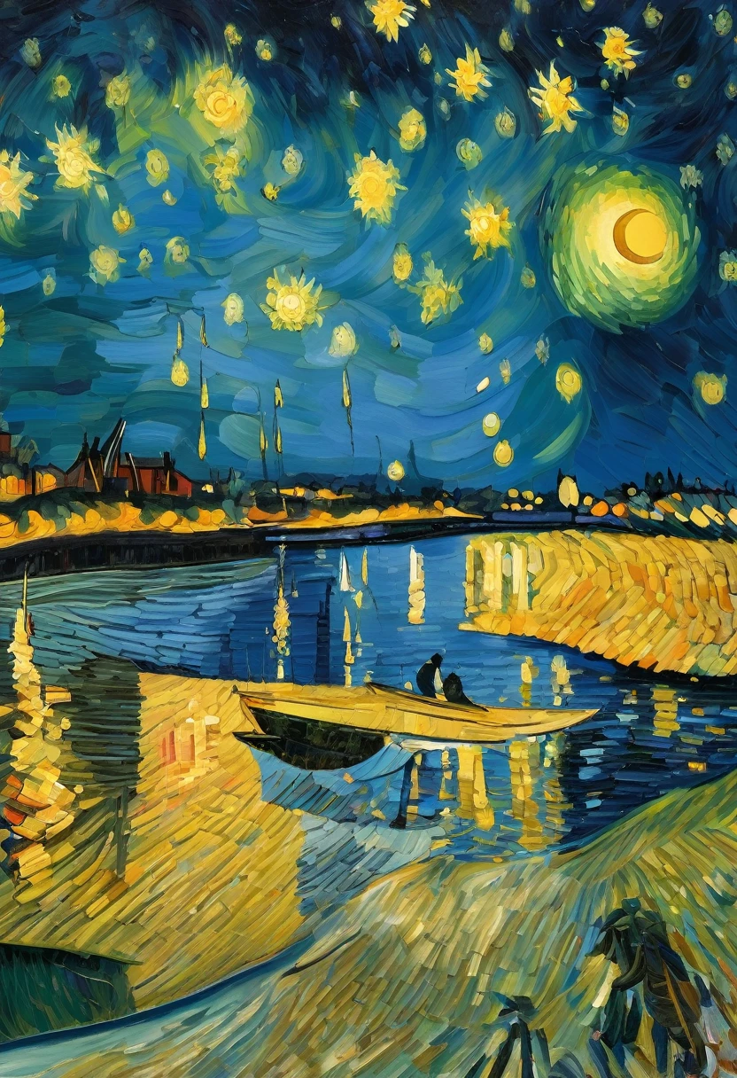 On this canvas, the painter depicted the starry night sky over the Rhone. He masterfully painted the North Star and the Ursa Major dipper. The oil is applied to the canvas with large and dynamic strokes.
And as primary colors, Van Gogh preferred the shades of yellow and blue that he loved so much, which go:
from pale yellow to bright gold and greenish bronze;
from pale blue to dark blue.
The yellowish-white shine of stars with greenish-white halos is similar to the flashes of fireworks.