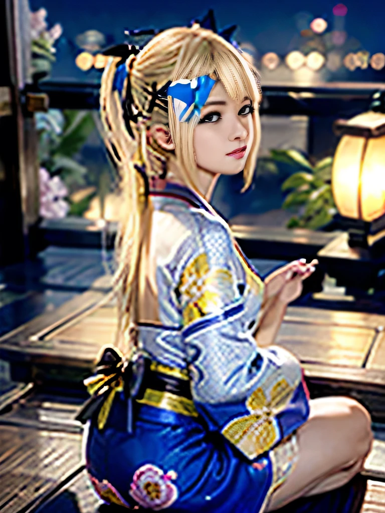 top-quality、masutepiece、8K、Angle looking at the chest from behind diagonally above the head、Marie rose,blonde hair, Very pretty girl、nape、sitting on、slouch a little、Japan Yukata|You can peek through the gaps in your clothes 、Sheer breast、Summer Festival at Night、Goldfish scoop、Lucky lewd
