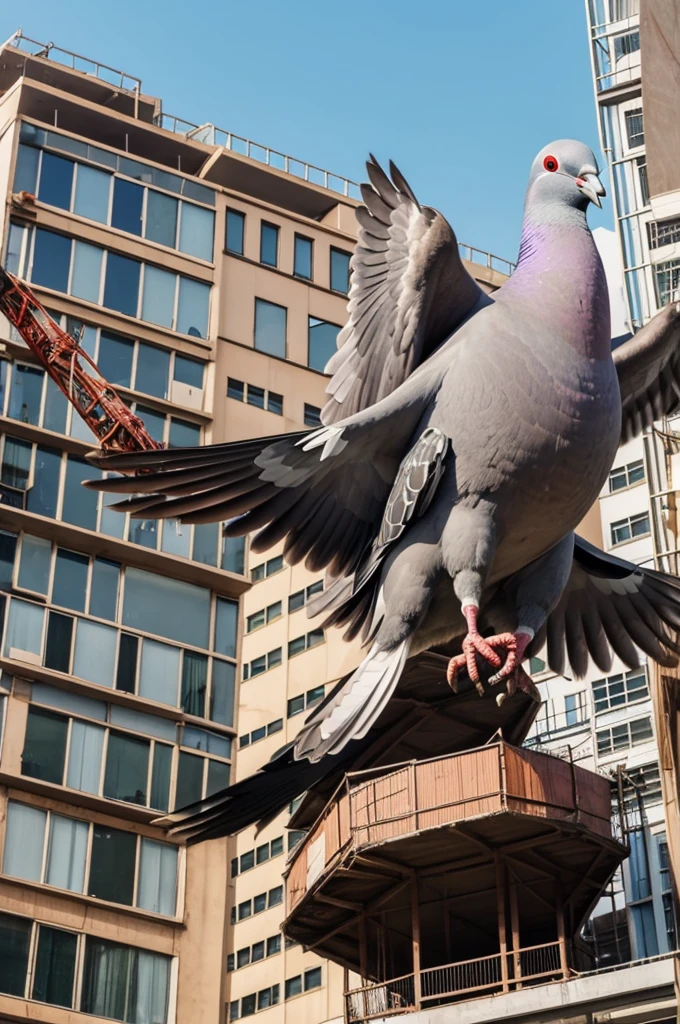 A huge pigeon carries a giant human penis and a construction hook in its paws