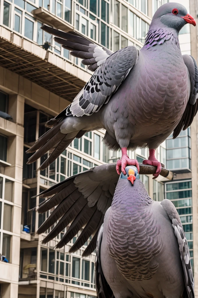 A huge pigeon carries a giant human penis and a construction hook in its paws