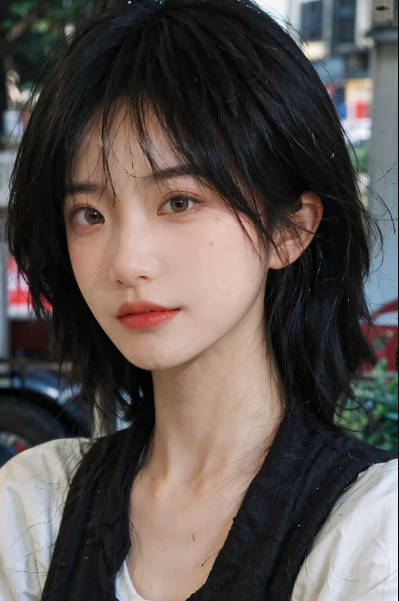 (Skin details:1.4), (smooth skin textures:1.3), Lipstick, background, Direct vision, earrings, serene, calm, (Realistic and detailed eyes:1.2), Natural skin texture, Realistic facial details, Soft dramatic lighting, Vivid details, 35 mm film, outdoor, (Photo Practical:1.4), (hyper Practical:1.4), (Practical:1.3), (Smoother lighting:1.05), (Improve lighting quality:0.9), (Highest quality real skin textures:1.4), Exquisite eyes, Delicate face, Close-up of face, (Enhance the beauty of skin texture:1.1), Hair details, Vest,normal body ratio, short hair, Moles under the eyes, thinking, A faint smile,公园background,Portrait Photography, Depth of Field, Bokeh, Surrealism, Ray Tracing, (Portrait Photography:1.1), Surrealism, High Detail, Chiaroscuro, Ray Tracing, reflected light, Ultra HD, Ultra HD, masterpiece, Textured Skin, Super Detail, High Detail, high quality, best quality