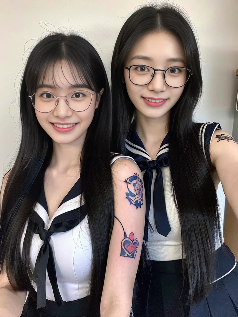 (A super cute Korean high school girl duo wearing Korean-style glasses takes a photo 1.2)(grin,Smile)(Beautiful Sweat:1.1)(16K, RAW Photos, Highest quality, masterpiece: 1.2),(Shiny black hair) Super detailed, Super Resolution, (Genuine, Genuine photos: 1.37), Portraiture, High-resolution RAW color photos, Professional photos, Very detailed, 8k wallpaper, Very detailed CG Unity 8k wallpaper, Very detailed beautiful girls, Very detailed faces, ((whole body)), beautiful woman, Huge breasts,(huge boobs:1.1) (Big Boobs:1.1), Beauty college student (A tight, girly sailor-style summer school uniform with ribbons),high School girl, Korean Girls,(K-POP Female Idols), (Idol-class beauty)(Beautiful high school girl:1.1)(School)(18-year-old)(Stylish school uniform-style outfit:1.1)(Group photo:1.2)(ugly tattoo,Tattoo:1.4)