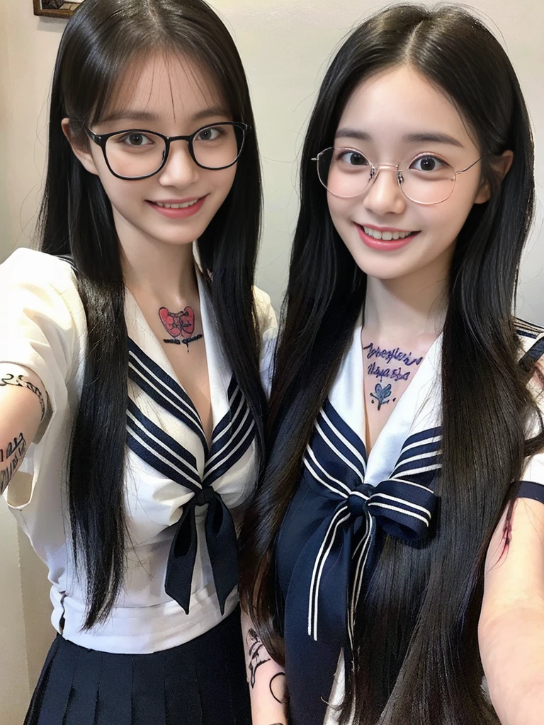 (A super cute Korean high school girl duo wearing Korean-style glasses takes a photo 1.2)(grin,Smile)(Beautiful Sweat:1.1)(16K, RAW Photos, Highest quality, masterpiece: 1.2),(Shiny black hair) Super detailed, Super Resolution, (Genuine, Genuine photos: 1.37), Portraiture, High-resolution RAW color photos, Professional photos, Very detailed, 8k wallpaper, Very detailed CG Unity 8k wallpaper, Very detailed beautiful girls, Very detailed faces, ((whole body)), beautiful woman, Huge breasts,(huge boobs:1.1) (Big Boobs:1.1), Beauty college student (A tight, girly sailor-style summer school uniform with ribbons),high School girl, Korean Girls,(K-POP Female Idols), (Idol-class beauty)(Beautiful high school girl:1.1)(School)(18-year-old)(Stylish school uniform-style outfit:1.1)(Group photo:1.2)(ugly tattoo,Tattoo:1.4)