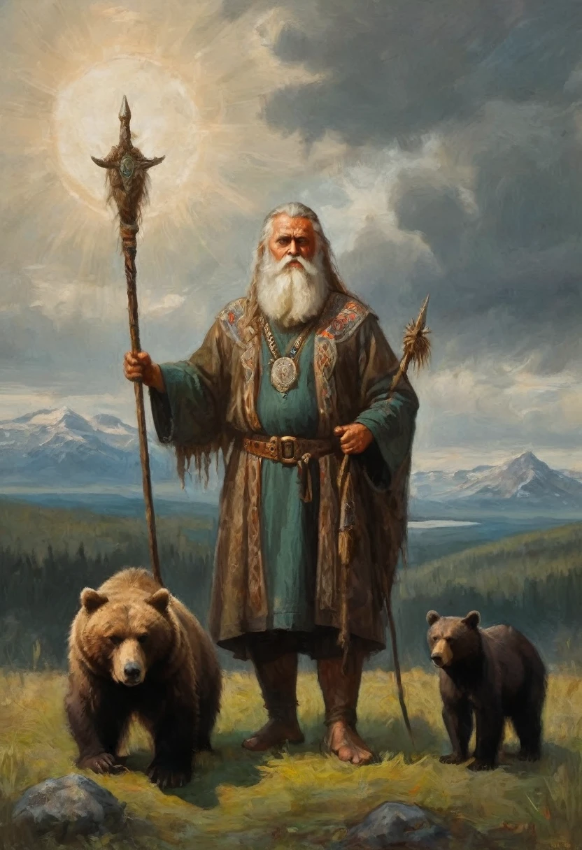 Painting of a man with beard and staff standing next to a bear, druid, Slavic mythology, Russian shaman, fantastic proto-Slavic mythology, druid, Scandinavian god, by Fedor Slavsky, Painted portrait of the stern Odin, Celtic druid, Russian academic painting, by György Vastág