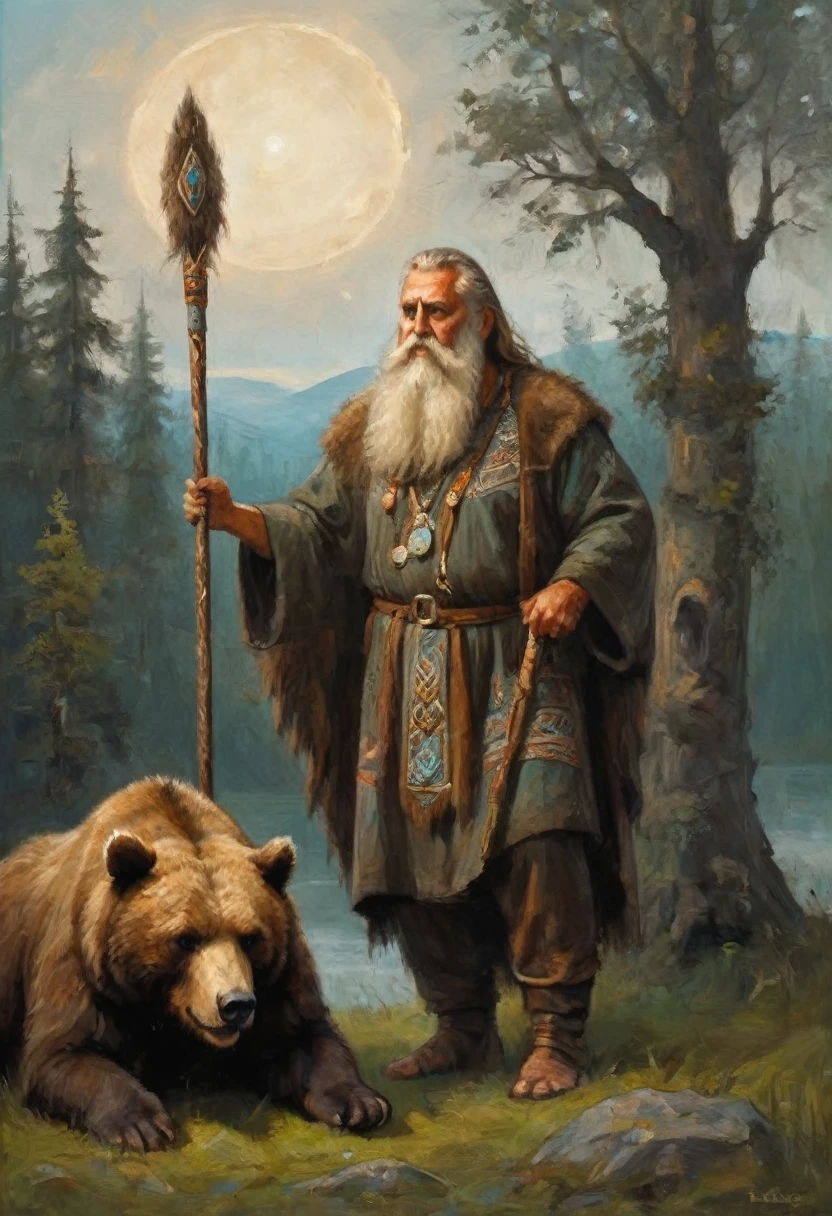 Painting of a man with beard and staff standing next to a bear, druid, Slavic mythology, Russian shaman, fantastic proto-Slavic mythology, druid, Scandinavian god, by Fedor Slavsky, Painted portrait of the stern Odin, Celtic druid, Russian academic painting, by György Vastág