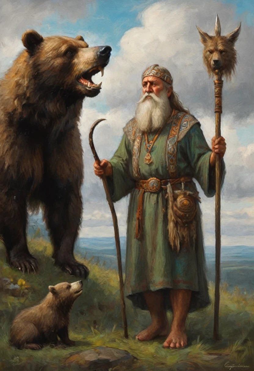 Painting of a man with beard and staff standing next to a bear, druid, Slavic mythology, Russian shaman, fantastic proto-Slavic mythology, druid, Scandinavian god, by Fedor Slavsky, Painted portrait of the stern Odin, Celtic druid, Russian academic painting, by György Vastág