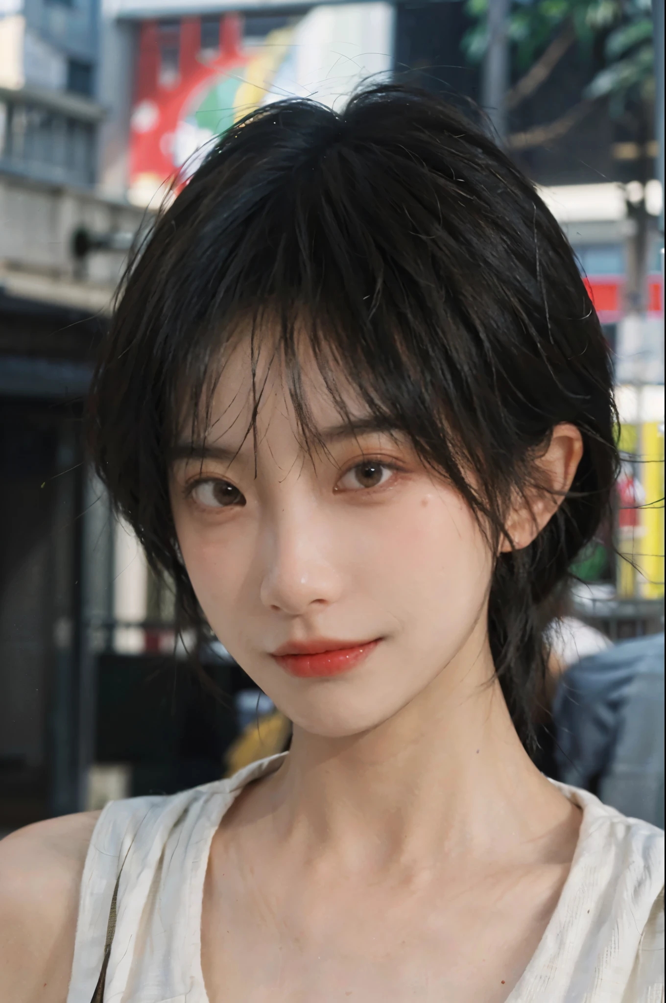 (Skin details:1.4), (smooth skin textures:1.3), Lipstick, background, Direct vision, earrings, serene, calm, (Realistic and detailed eyes:1.2), Natural skin texture, Realistic facial details, Soft dramatic lighting, Vivid details, 35 mm film, outdoor, (Photo Practical:1.4), (hyper Practical:1.4), (Practical:1.3), (Smoother lighting:1.05), (Improve lighting quality:0.9), (Highest quality real skin textures:1.4), Exquisite eyes, Delicate face, Close-up of face, (Enhance the beauty of skin texture:1.1), Hair details, Vest,normal body ratio, short hair, Moles under the eyes, thinking, A faint smile,公园background,Portrait Photography, Depth of Field, Bokeh, Surrealism, Ray Tracing, (Portrait Photography:1.1), Surrealism, High Detail, Chiaroscuro, Ray Tracing, reflected light, Ultra HD, Ultra HD, masterpiece, Textured Skin, Super Detail, High Detail, high quality, best quality