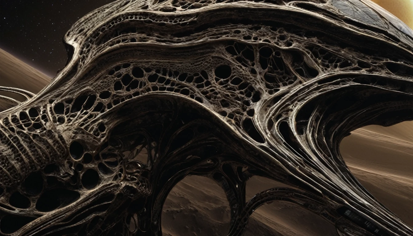 H. R. gieger planet, intricate gieger detail, movie still, nasa footage, planet with gieger detail, ridley scott film, film footage, planet with unusual surface, xenomorph planet, celestial body, anatomy, ribs