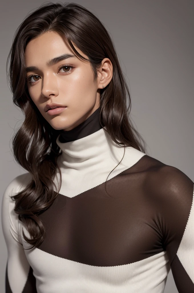pixar. One with dark skin, chest length wavy brown hair, eyes browns, wearing a white turtleneck
