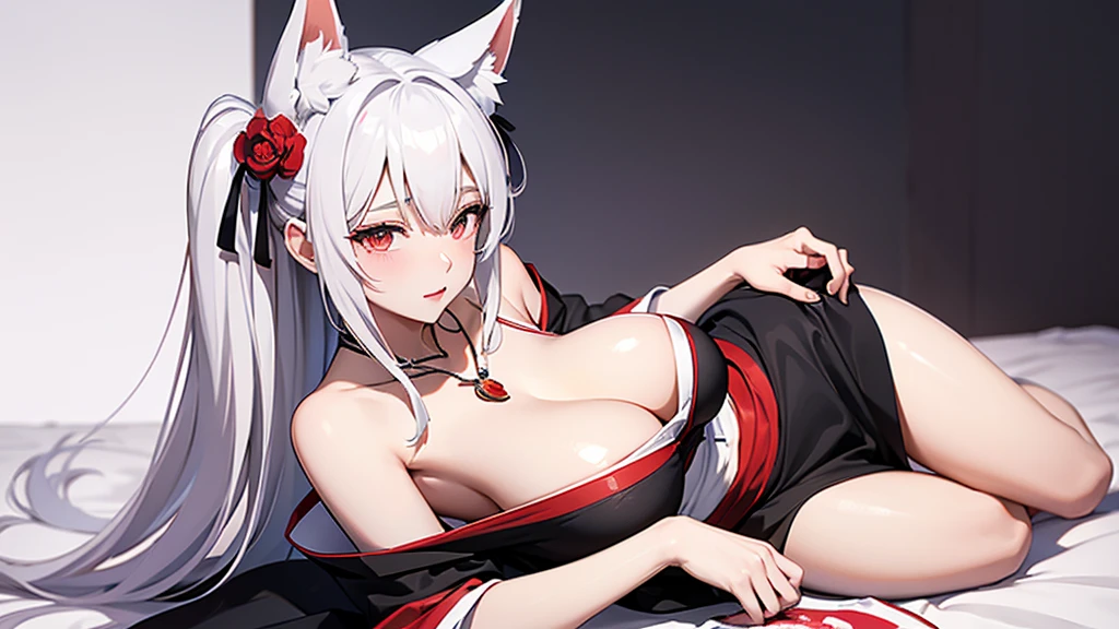 2D Illustration。In the background is a dirty white wall splattered with red blood。Long white hair and fox ears。Black Stockings、A girl with big breasts wearing an off-the-shoulder kimono with red as the main color and black as the secondary color.。profile。Huge cleavage close up。profile。Sitting on the bed、淫らな笑顔と欲情した目で見つめる女の子のprofile。necklace、brooch、hair accessory。Hands lifting chest