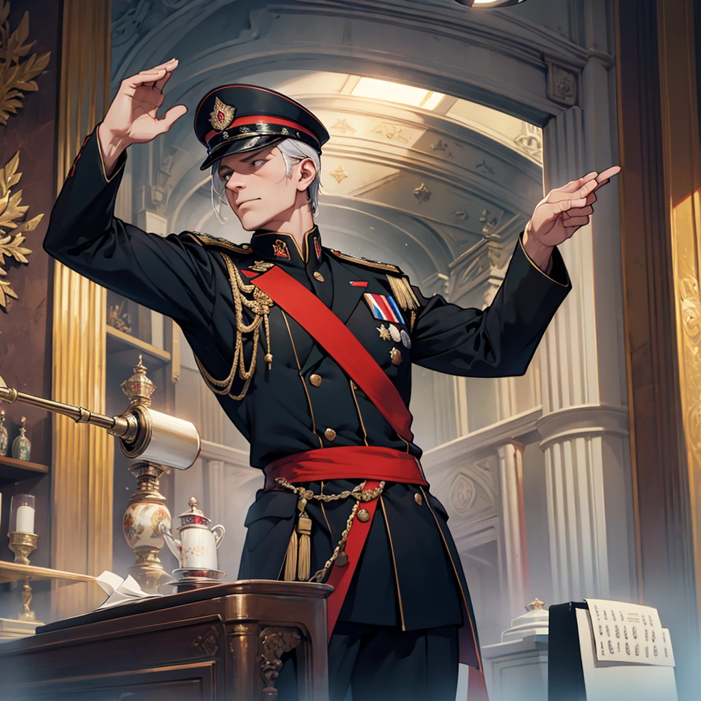 Russian military conductor, A man without a headdress, with a conductor's baton in hand, proudly conducts a piece of music