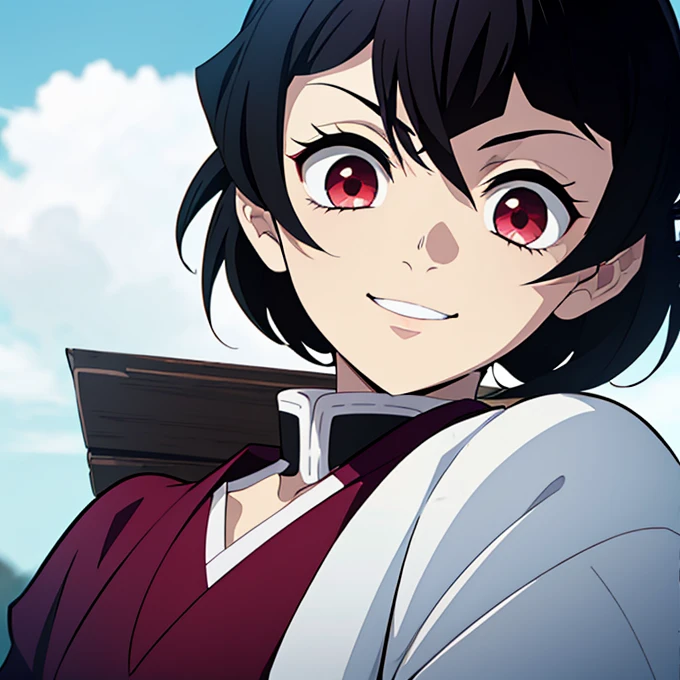 Kimetsu no yaiba style best quality 0.8,beautiful Dark hair.  short hair (short above the shoulders) . Young woman with detailed red eyes (red eyes) dull and sad detailed. droopy eyes. warm face, his face has dirt, foreground. katana. smile,happy. (Alone) (in a training camp) (wooden katana) (sunny day) smiling kindly. foreground (detailed face) (Women) (famale) greeting someone with a smile 