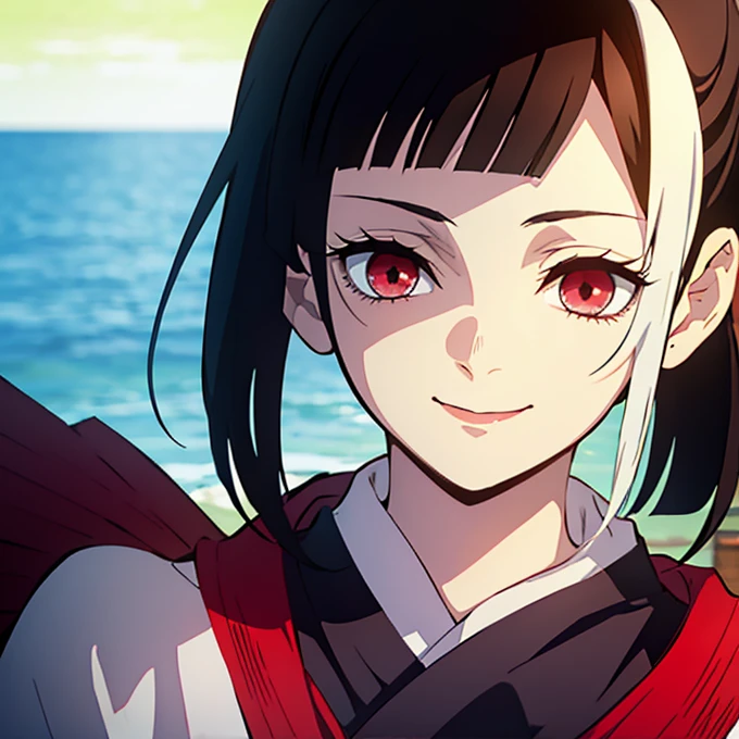 Kimetsu no yaiba style best quality 0.8,beautiful Dark hair.  short hair (short above the shoulders) . Young woman with detailed red eyes (red eyes) dull and sad detailed. droopy eyes. warm face, his face has dirt, foreground. katana. smile,happy. (Alone) (in a training camp) (wooden katana) (sunny day) smiling kindly. foreground (detailed face) (Women) (famale) greeting someone with a smile 