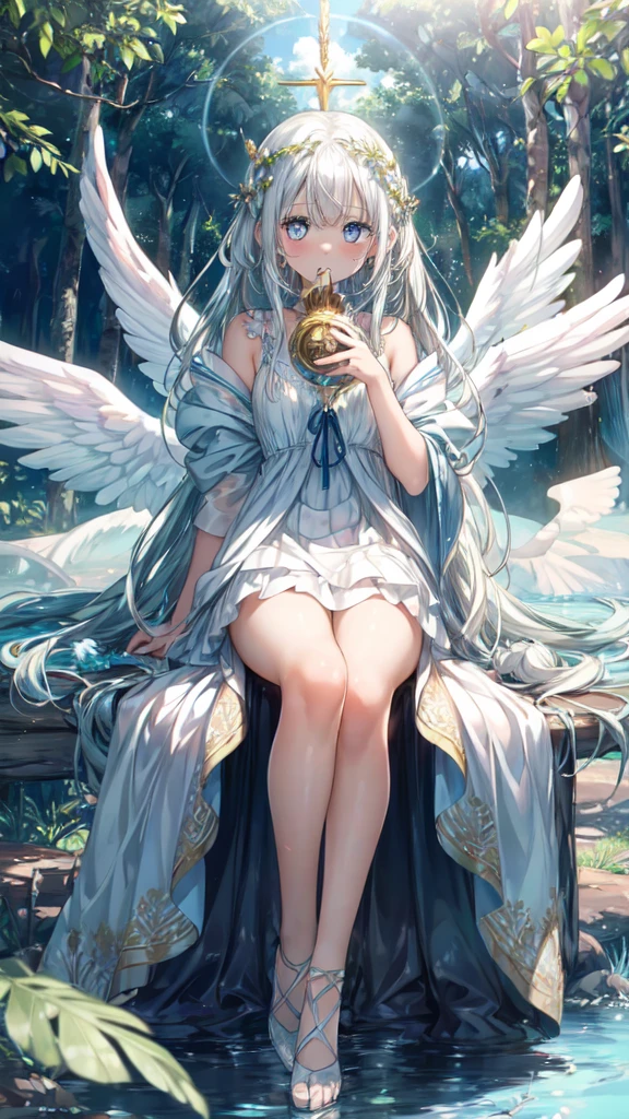 ((masterpiece, sidelighting, finely detailed beautiful eyes: 1.2)), ultra-detailed, ultra high res, professional lighting, high quality makeup, beautiful detailed eyes, sexy, beautiful, big eyes, (drooping eye:1.2), 1girl, solo, alone, slender body, (white hair, weavy long hair with blue ribbon:1.3), (Circle of Angels:1.2), (Angel Wings:1.4), blue sapphire eyes, wide sleeves, outdoors, forest, full body, highest quality, ultra detailed, Soft light,  (rime:1.3), Extremely cute, (extremely detailed beautiful face), Authentic skin texture, beautiful hair, beautiful face, beautiful eyes, beautiful body, beautiful hands