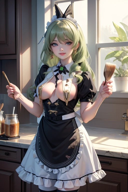 Mobius_(honkai impact 3d), bakery, holding a pastry brush, bakery utensils, cooking a cake, ornament hair, perfectly body, perfectly hands, wave hair, light green hair, long hair, maid, maid dress, maid headdress, maid apron, stand up close to the window, kitchen, kitchen scenery, gold lantern, black dress, more details on her clothes, black dress, golden details, night, smiling, coat, ((4k, masterpiece, top-quality)),8k, best quality, high resolution, HD, (illustration:0.8), super cute girl, delicate and beautiful face, 1girl, solo, mature girl, super cute hairstyle, (beautiful detailed eyes:1.6), extremely detailed face, perfect lighting, extremely detailed CG, (perfect hands, perfect anatomy), Best quality, cleavage, skirt, full Body,