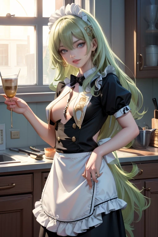 Mobius_(honkai impact 3d), bakery, holding a pastry brush, bakery utensils, cooking a cake, ornament hair, perfectly body, perfectly hands, wave hair, light green hair, long hair, maid, maid dress, maid headdress, maid apron, stand up close to the window, kitchen, kitchen scenery, gold lantern, black dress, more details on her clothes, black dress, golden details, night, smiling, coat, ((4k, masterpiece, top-quality)),8k, best quality, high resolution, HD, (illustration:0.8), super cute girl, delicate and beautiful face, 1girl, solo, mature girl, super cute hairstyle, (beautiful detailed eyes:1.6), extremely detailed face, perfect lighting, extremely detailed CG, (perfect hands, perfect anatomy), Best quality, cleavage, skirt, full Body,