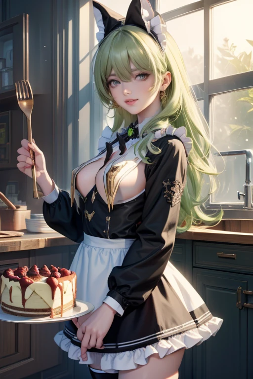 Mobius_(honkai impact 3d), bakery, holding a pastry brush, bakery utensils, cooking a cake, ornament hair, perfectly body, perfectly hands, wave hair, light green hair, long hair, maid, maid dress, maid headdress, maid apron, stand up close to the window, kitchen, kitchen scenery, gold lantern, black dress, more details on her clothes, black dress, golden details, night, smiling, coat, ((4k, masterpiece, top-quality)),8k, best quality, high resolution, HD, (illustration:0.8), super cute girl, delicate and beautiful face, 1girl, solo, mature girl, super cute hairstyle, (beautiful detailed eyes:1.6), extremely detailed face, perfect lighting, extremely detailed CG, (perfect hands, perfect anatomy), Best quality, cleavage, skirt, full Body,