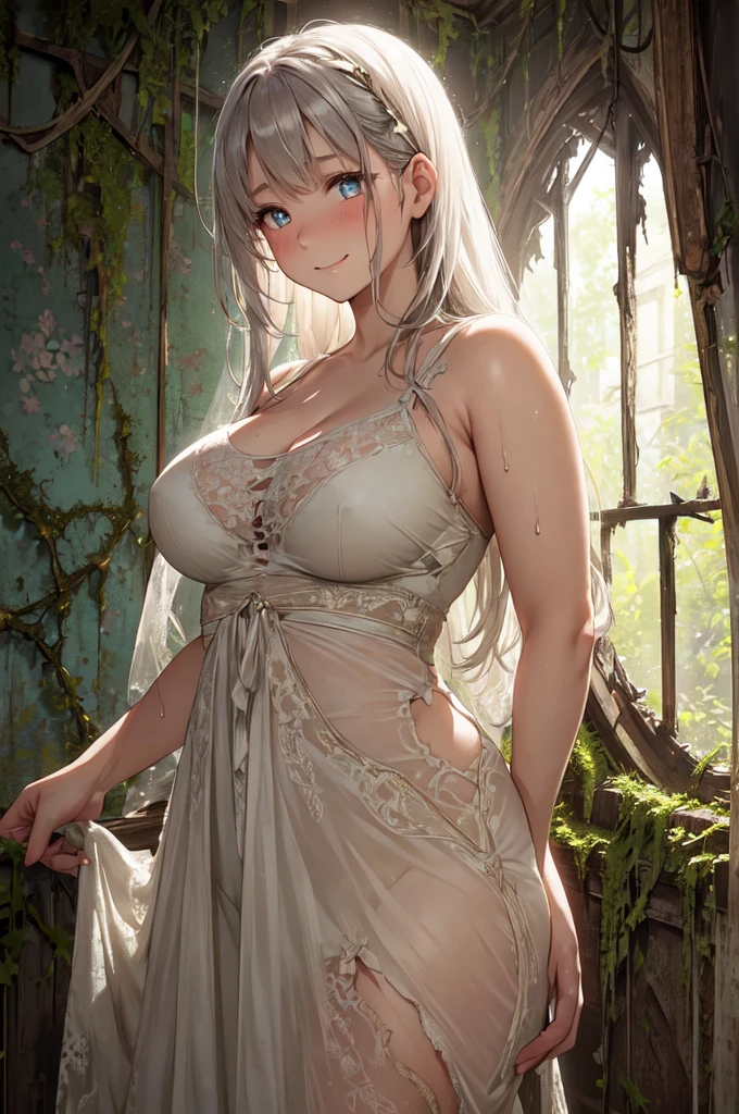 (High quality, High resolution, Fine details), abandoned house, broken windows, overgrown vines, tattered curtains, dusty floorboards, decaying walls, faded wallpaper, ethereal glow, mysterious light, white dress, solo, curvy women, sparkling eyes, (Detailed eyes), smile, blush, Sweat, Oily skin, shallow depth of field