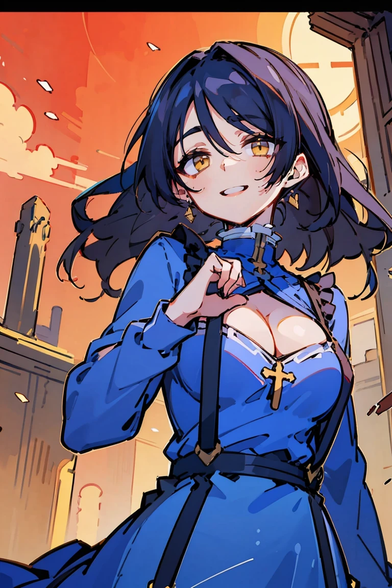 (masterpiece:1.2), (high quality:1.2), (hui xiyi:0.6), rekkyo sensen, rekkyou sensen, girls with((black hair, (tits cleavage:1.15), (breasts close up:1.15), (suspenders:1.2), (dress:1.65), bangs, (blue clothes:1.05), (belts:0.7), (frills shirt:1.2), (white knit sweater:1.2), (frills camisole:1.2), exposed breasts, straps, (cross:1.05), (long wavy hair:1.2), (one side up:1.2), nun, long sleeves, (perfect hands:1.05), (five fingers:1.05))), background with((fantasy world, ruin, castle, beautiful sky, shining sky, sunshine))