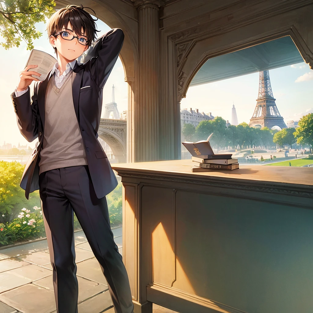 An image suitable for the cover of a book showing a boy with glasses reading a book with the Eiffel Tower behind him 