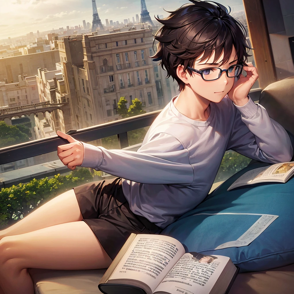 An image suitable for the cover of a book showing a boy with glasses reading a book with the Eiffel Tower behind him