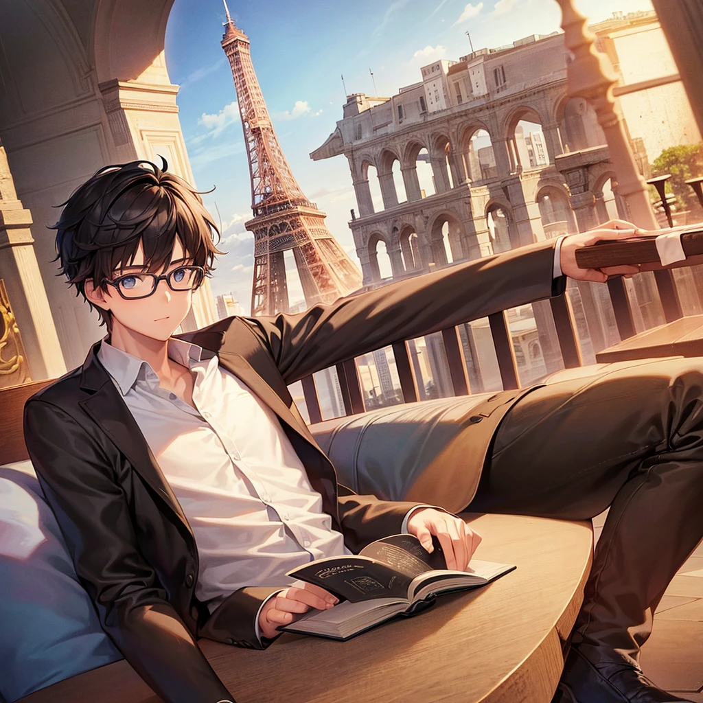 An image suitable for the cover of a book showing a boy with glasses reading a book with the Eiffel Tower behind him 