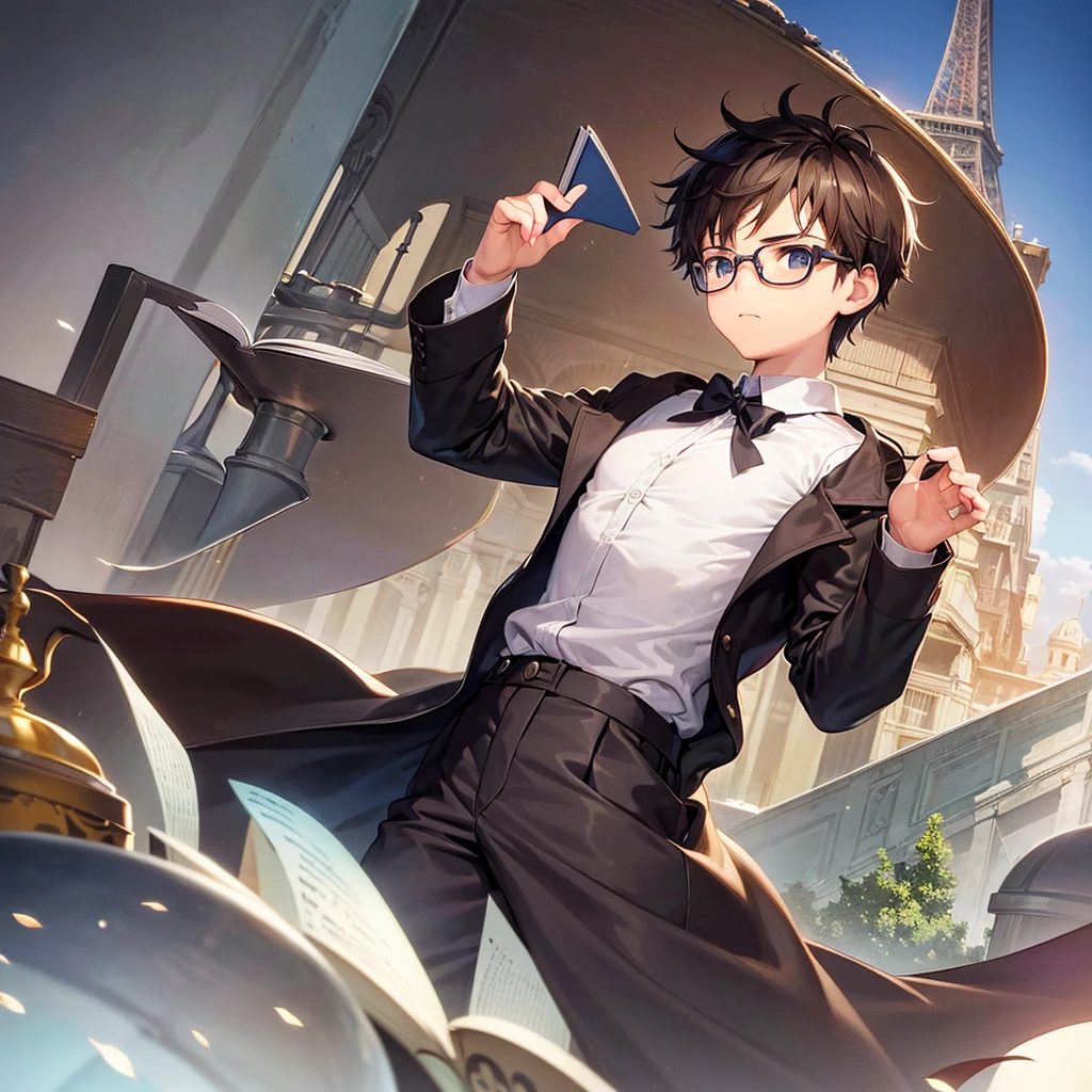 An image suitable for the cover of a book showing a boy with glasses reading a book with the Eiffel Tower behind him 