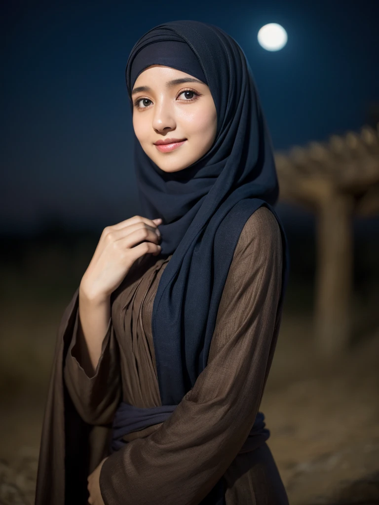 prompt ((masterpiece)), super detailed, highly detailed, 16k, high resolution, ((turkish girl hijab)), ((long hijab, close hijab)), fit body, perfect eyes, pale skin, fair skin, perfect skin, ((outdoor)), at night, ultra-delicate face, delicate eyes, double eyelids, half smile, Realistic, beautiful and delicate photo,heterosexual, braless, standing, ((night time, night sky, low light, darkness, dark night)), cold expression, cold pose, front view, ((Wide-leg linen pants)), at javanese village,muslim clothes