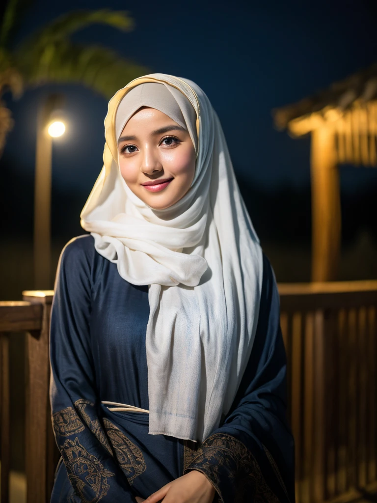 prompt ((masterpiece)), super detailed, highly detailed, 16k, high resolution, ((turkish girl hijab)), ((long hijab, close hijab)), fit body, perfect eyes, pale skin, fair skin, perfect skin, ((outdoor)), at night, ultra-delicate face, delicate eyes, double eyelids, half smile, Realistic, beautiful and delicate photo,heterosexual, braless, standing, ((night time, night sky, low light, darkness, dark night)), cold expression, cold pose, front view, ((Wide-leg linen pants)), at javanese village,muslim clothes