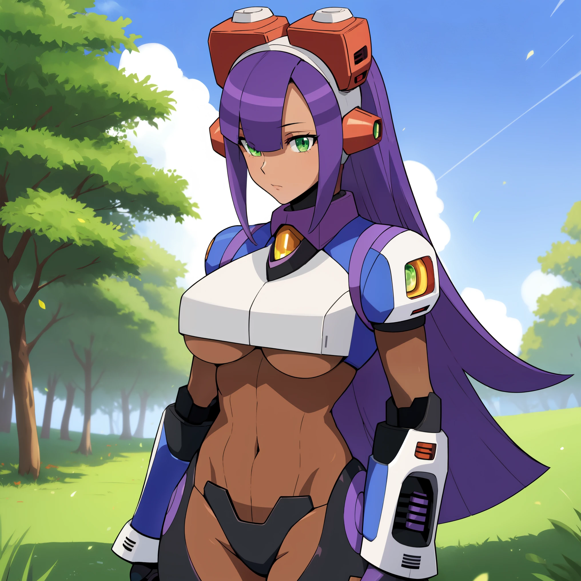 layer_megamanx, 1girl, solo, long hair, purple hair, green eyes, blunt bangs, hair over eyes, large breasts, dark skin, dark-skinned female, android, underboob, robot ears, high quality, masterpiece, standing with green flames coming from a tree