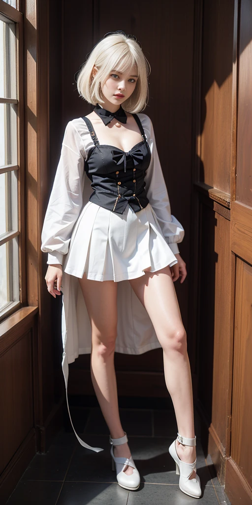 portrait, long hair, white hair, golden eyes, 1girl, head, face, magical girl, absurdres, masterpiece, best quality, magical girl costume, ((mahou shoujo)), short hair, desolation, ruins, dynamic pose, apocalypse, spellcasting, Style-Glass, full body shot
