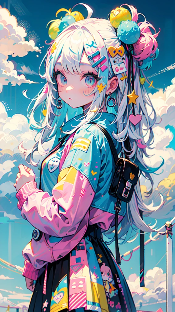 "kawaii, Cute, Adorable girl in pink, yellow, and baby blue color scheme. She wears sky-themed clothing with clouds and sky motifs. Her outfit is fluffy and soft, With decora accessories like hair clips. She embodies a vibrant and trendy Harajuku fashion style."